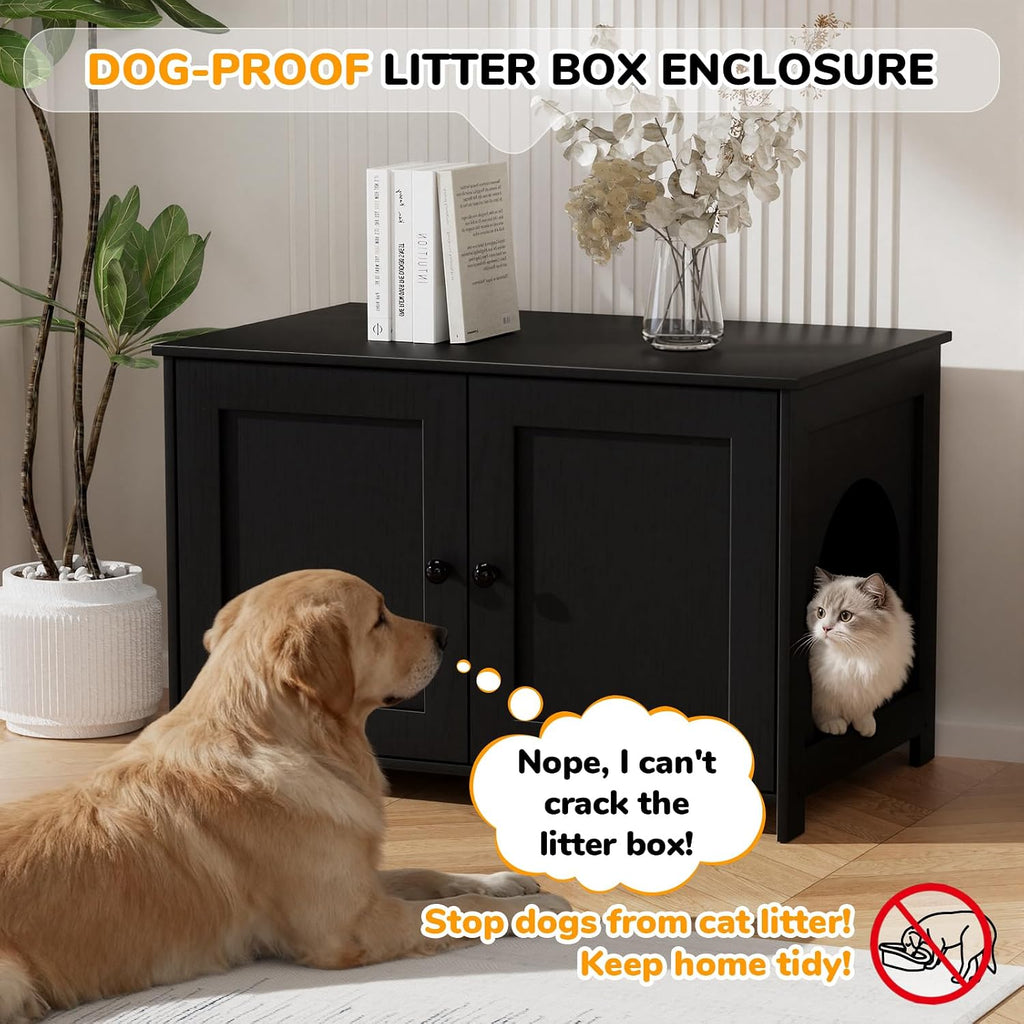 Cat Litter Box Enclosure Furniture Dog Proof, Hidden Kitty Washroom Cabinet Low Entry, Wooden Cat Boxes Enclosure