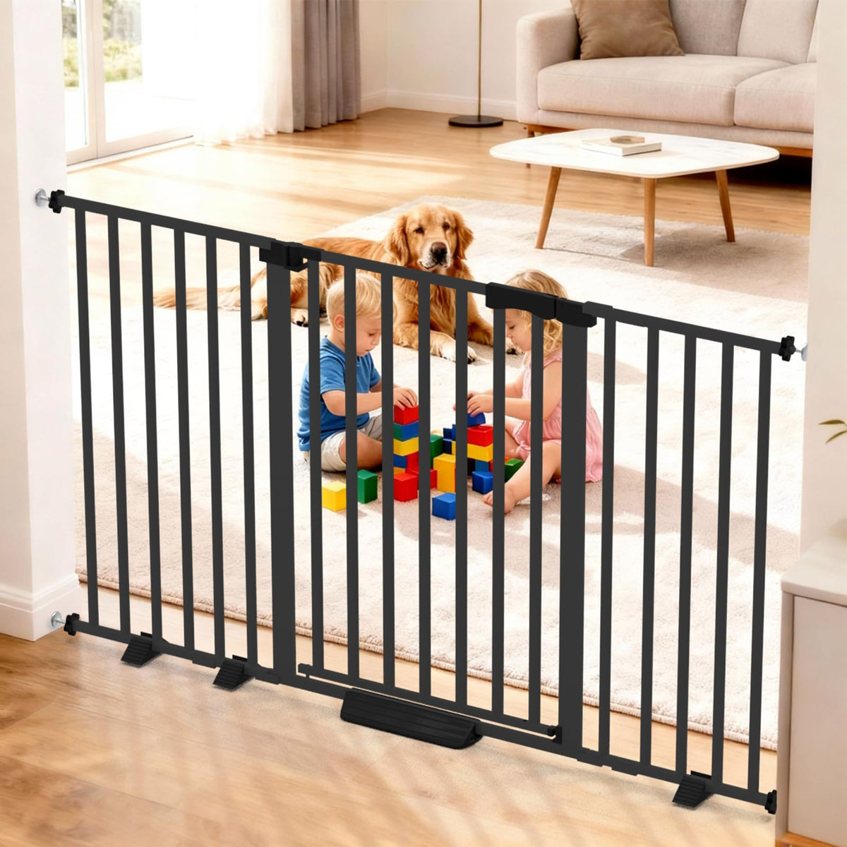 41" x 46.3-54.3" Wide Extra-Tall & Extra-Wide Adjustable Hardware/Pressure-Mounted Pet & Child Safety Gate with Dual-Lock Walk-Through Swing Door for Stairs, Hallways & Wide Doorways