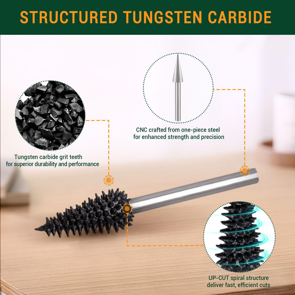 Extreme Spikes Conical Rotary Burr, 1⁄8" Shaft, Very Coarse - dremel burr bit for wood carving-fit rotary tool Dremel, Foredom, DeWalt, Milwaukee. Abrasive Tungsten Carbide