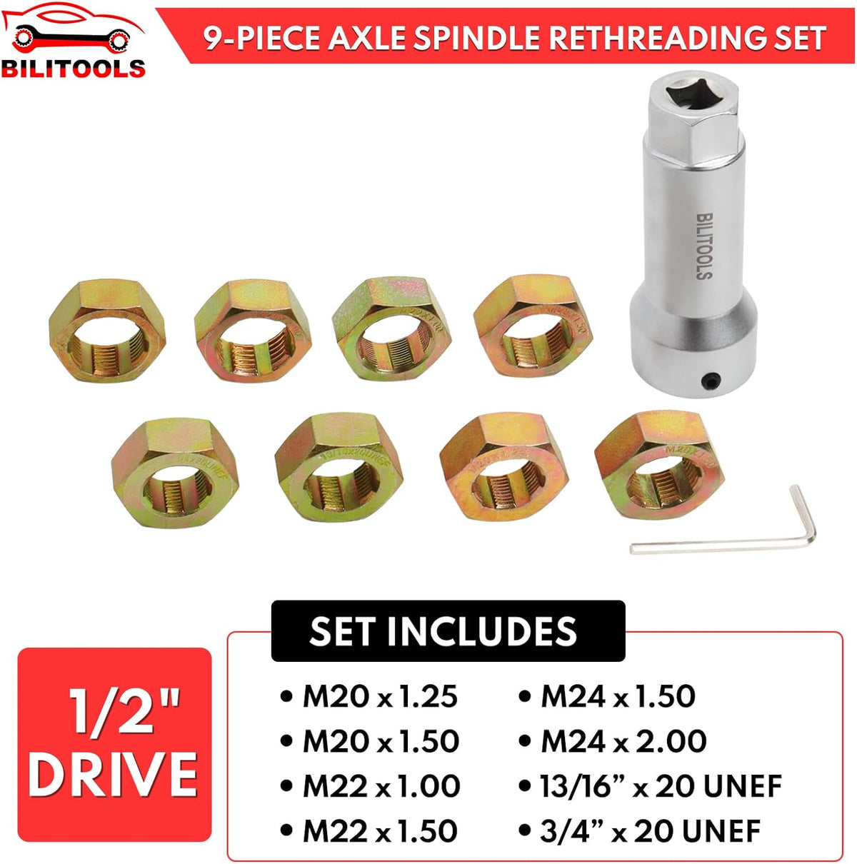 BILITOOLS 10-Piece Axle Spindle and Wheel Stud Thread Chaser Set