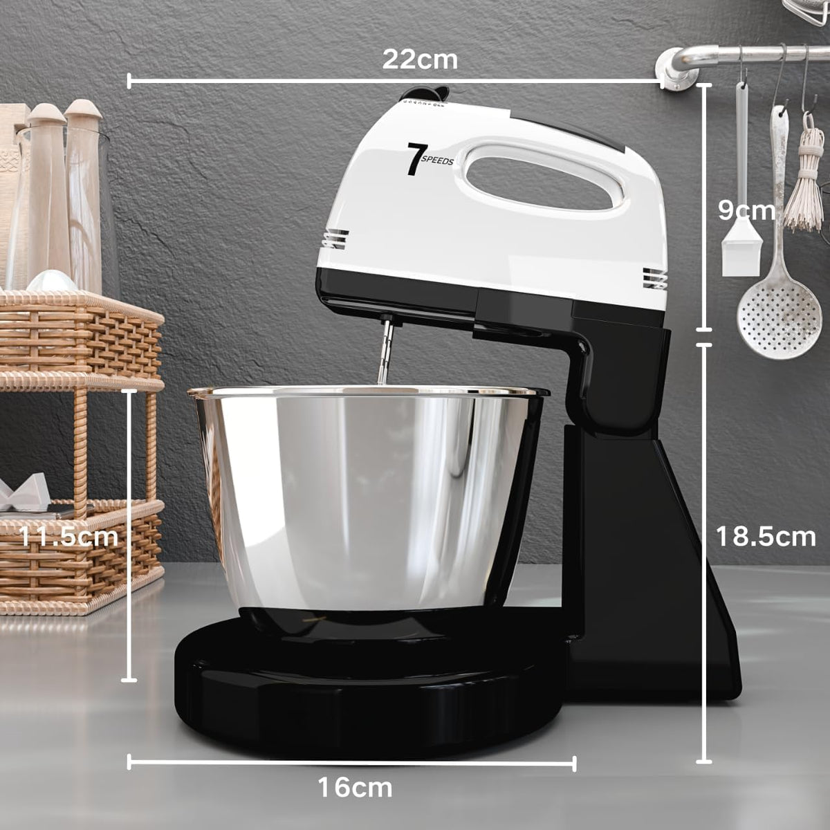 Stand Mixers, 7 Speeds With 3QT Stainless Steel Bowl, Stand and Hand Mixer with Dough Hook, Whisk, Mixing Beater for