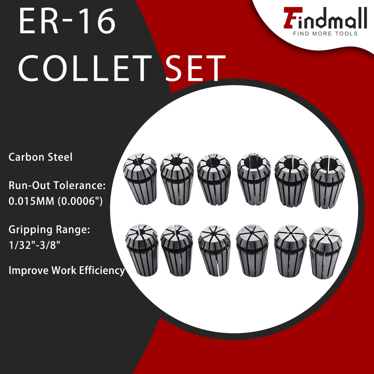 findmall ER-16 Collet Set 12Pcs 1/32-3/8 Inch