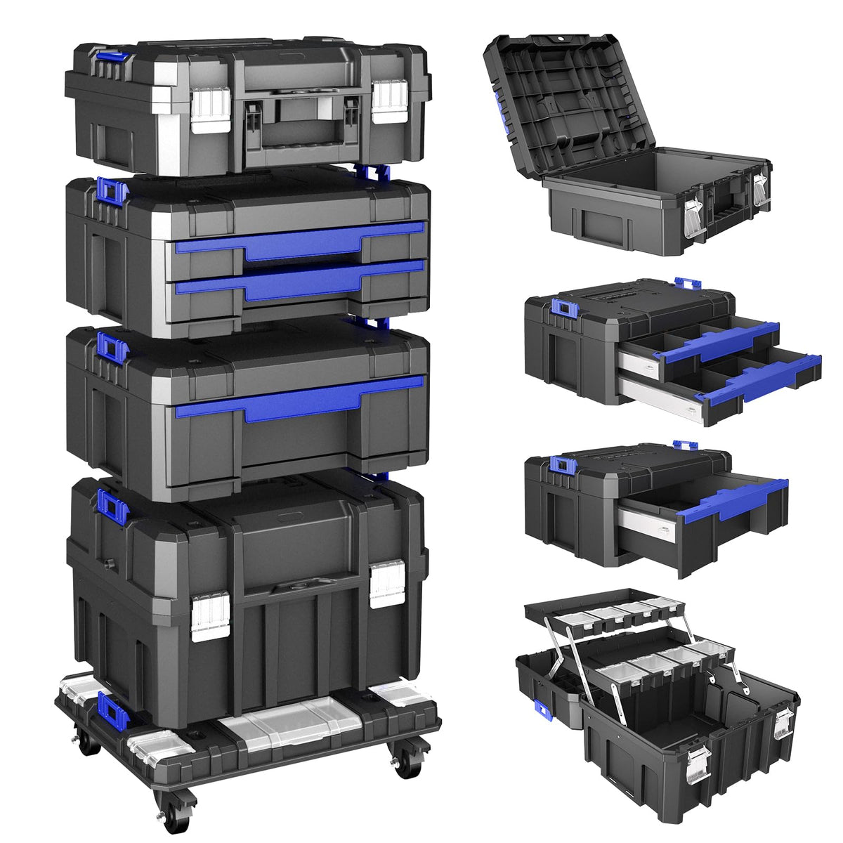 4 Tier Stackable Rolling Tool Box with Wheels, 18” Tool Box Organizer