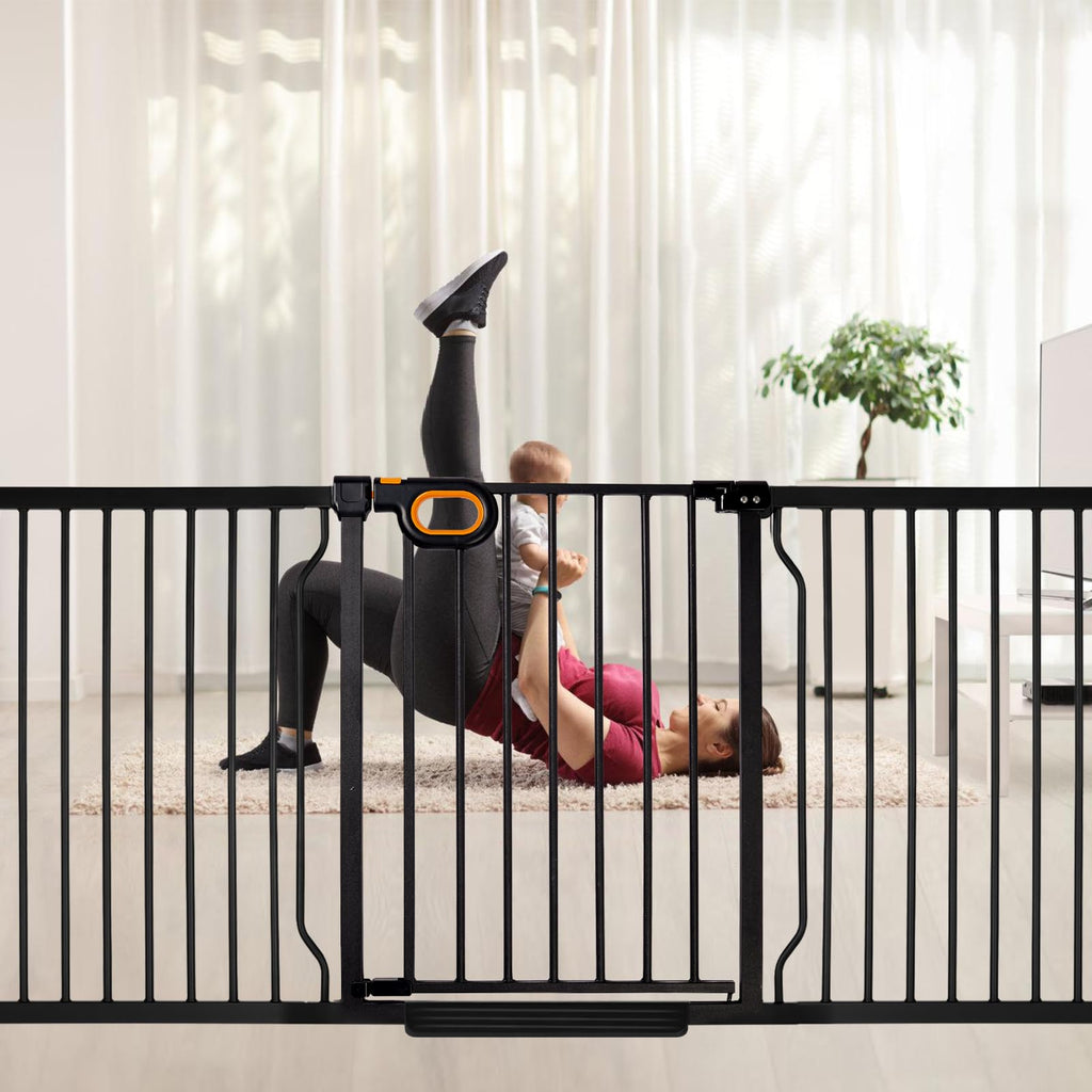 85" Extra-Wide Adjustable Hardware/Pressure-Mounted Pet & Child Safety Gate with Dual-Lock Walk-Through Swing Door for Stairs, Hallways & Wide Doorways
