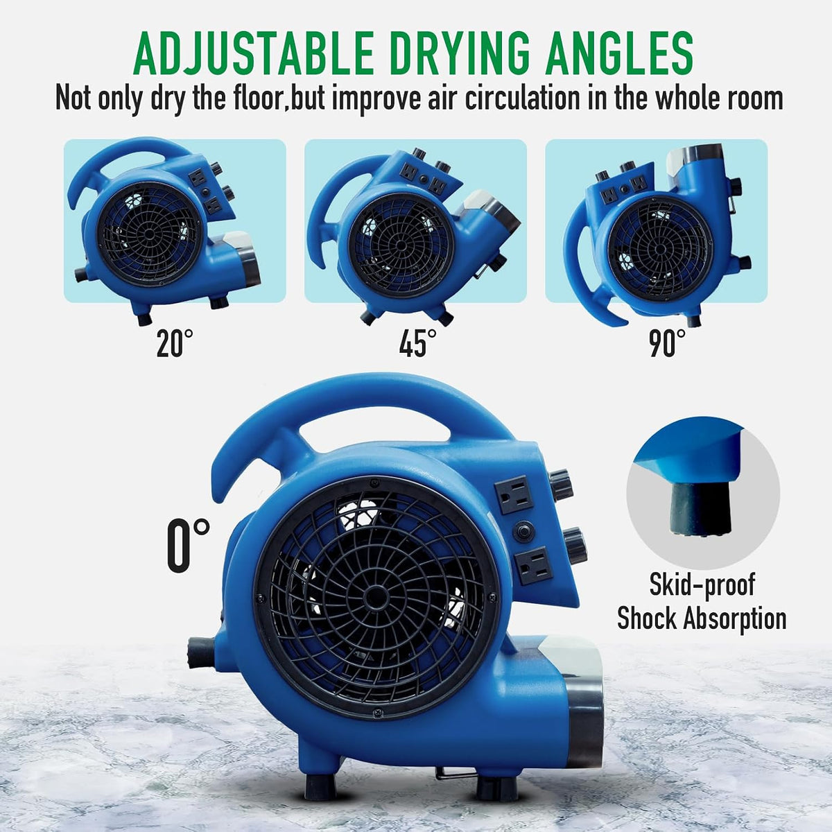 Air Mover, 1/4 HP 1000 CFM Carpet Dryer for Cooling and Ventilating, Portable Floor Blower Fan with 4 Blowing Angles
