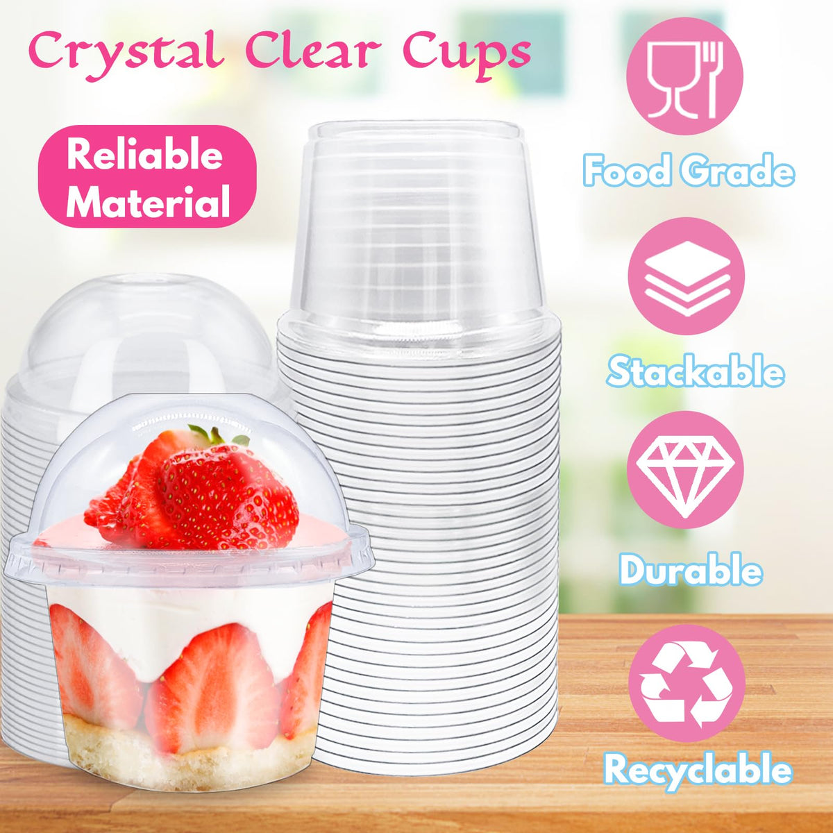 100 Pack 8 oz Clear Plastic Cups with Dome Lids(Hole in the Lid)