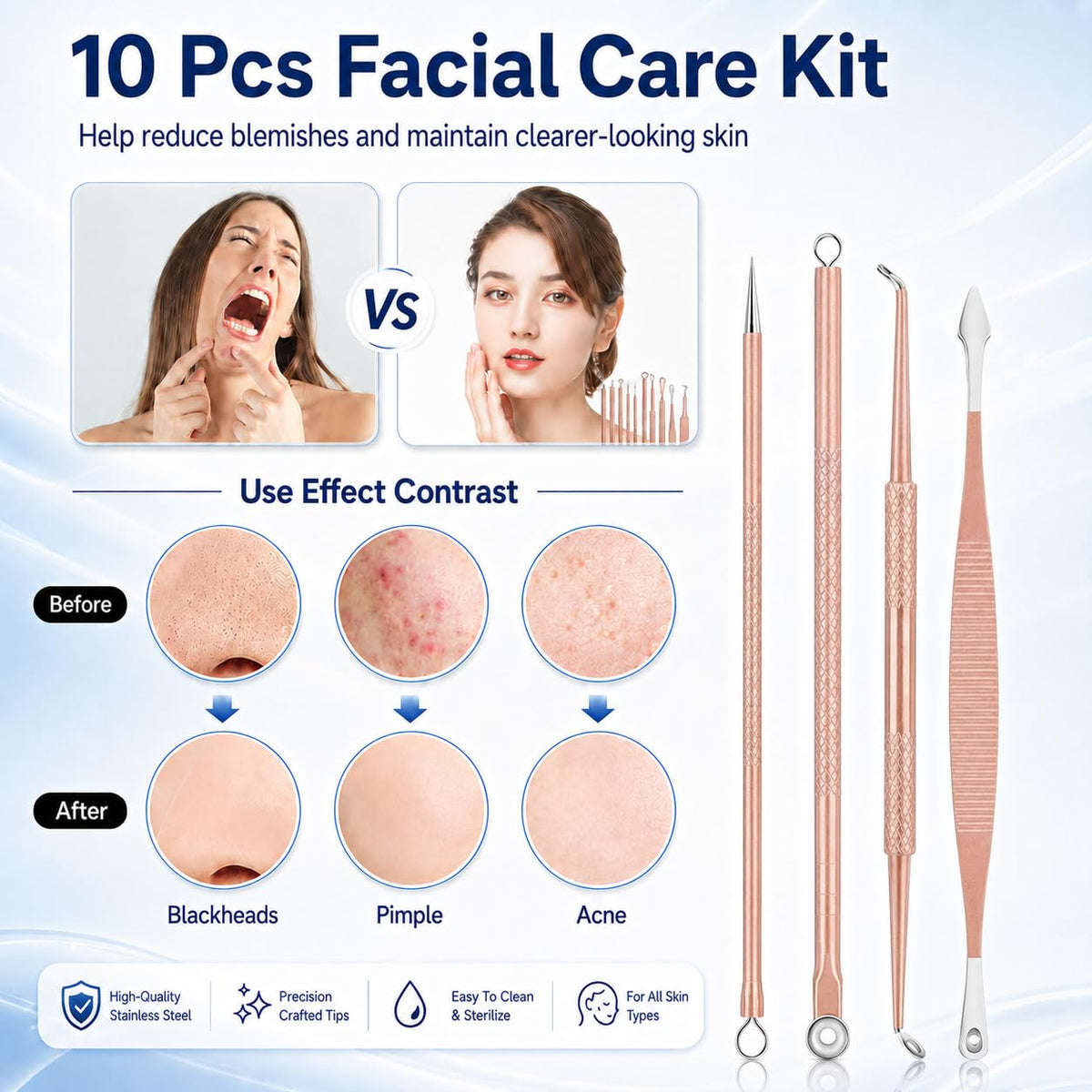 Pimple Popper Tool Kit, MENOLY 10 Pcs Blackhead Remover Comedone Extractor Acne Removal Kit for Blemish, Whitehead