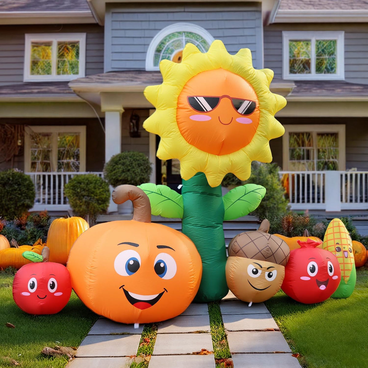 8FT Long Thanksgiving Inflatables Outdoor Decorations, Fall Blow ups Decorations Sunflower and Vegetables, Build in