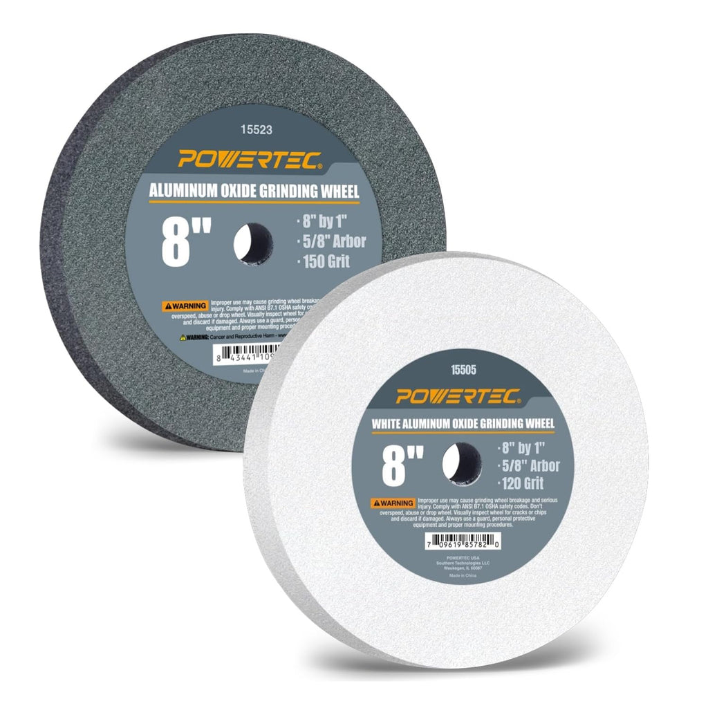 POWERTEC Bench Grinder Wheel 8 Inch 120 & 150 Grit, White Aluminum Oxide Grinding Wheel for Bench and Pedestal Grinder, 1" Thick 5/8" Arbor, Sharpening & Shaping Drill Bits, Blade, Chisel, 2PK (15554)