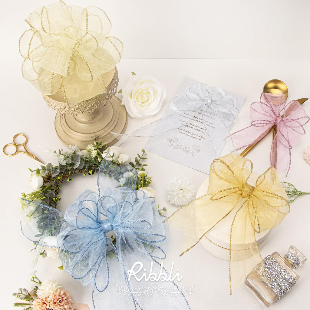Blue Organza Wired Ribbon, Baby Blue Sheer with Metallic Edge