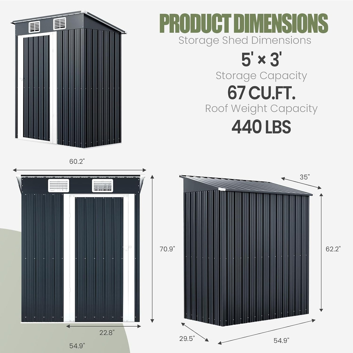 5×3 FT Metal Outdoor Storage Shed, Lockable Galvanized Steel Tool Shed | Single Lockable Door, Two Air Vent,Metal