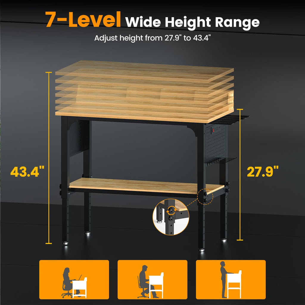 48" Work Bench with Wheels 2200 LBS Capacity Adjustable Height