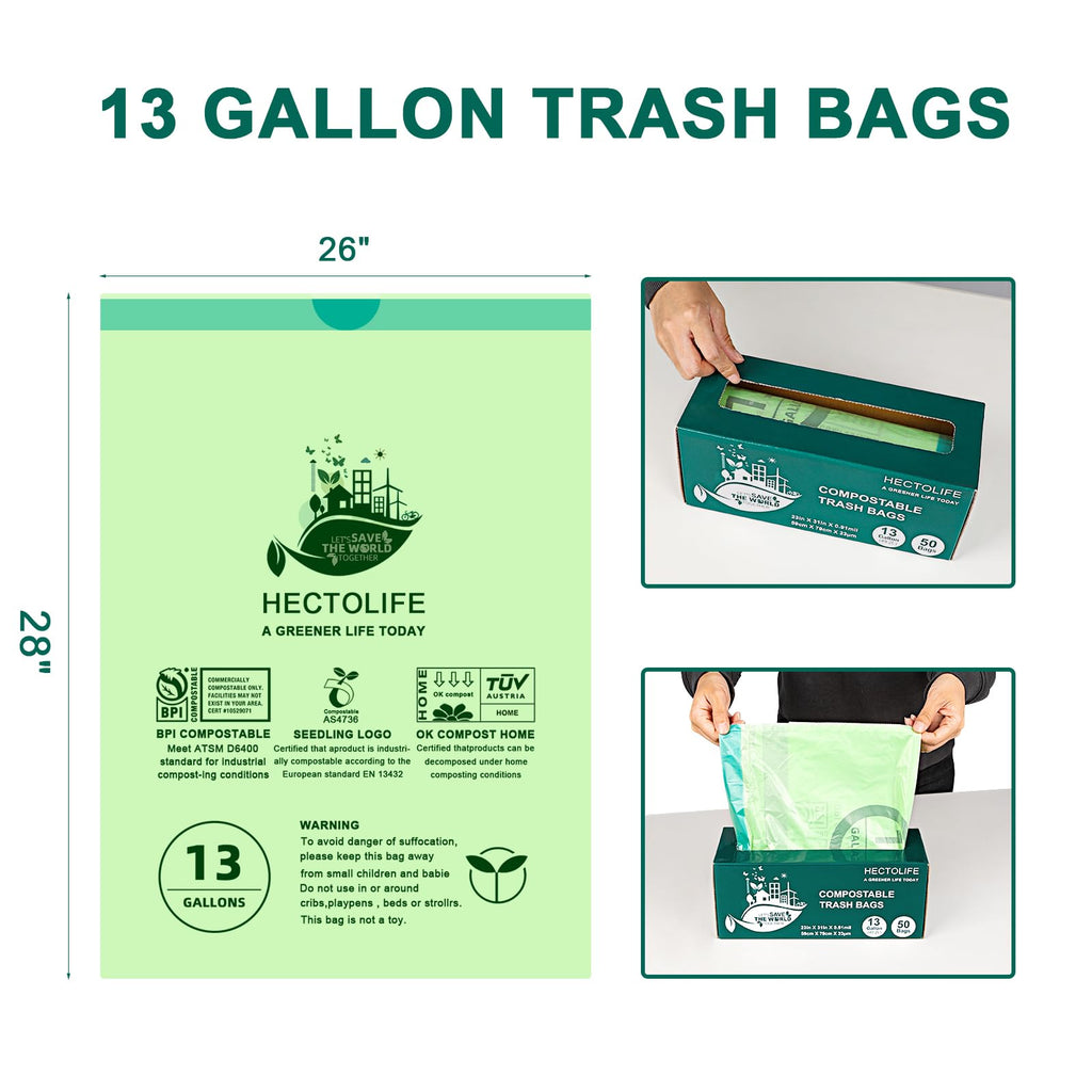 13 Gallon,50 Count Compostable Trash Bags with Home