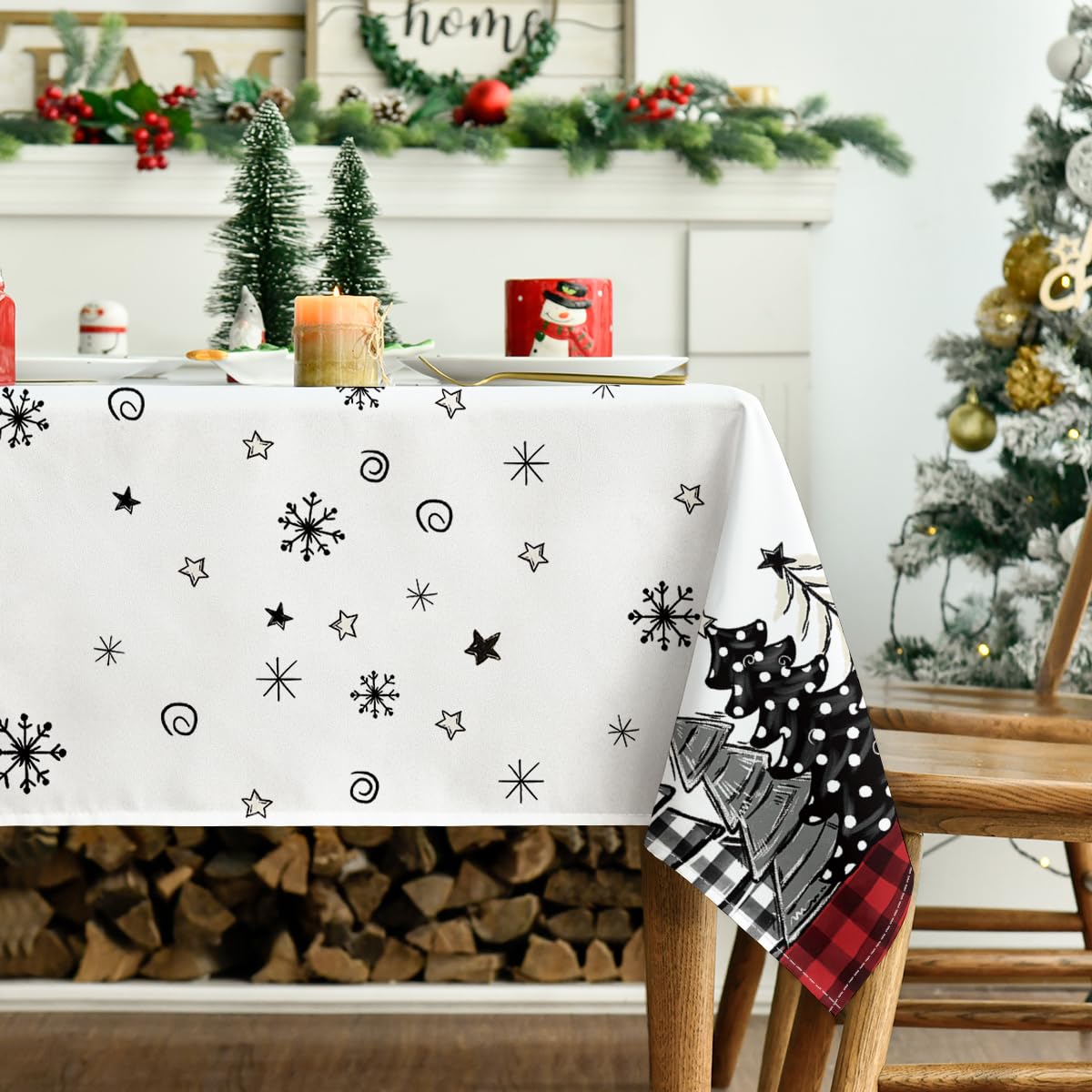 Christmas Tablecloth 60×84 Inch, Christmas Trees Buffalo Plaid Red Washable Table Cover for Party Picnic Dinner Decor