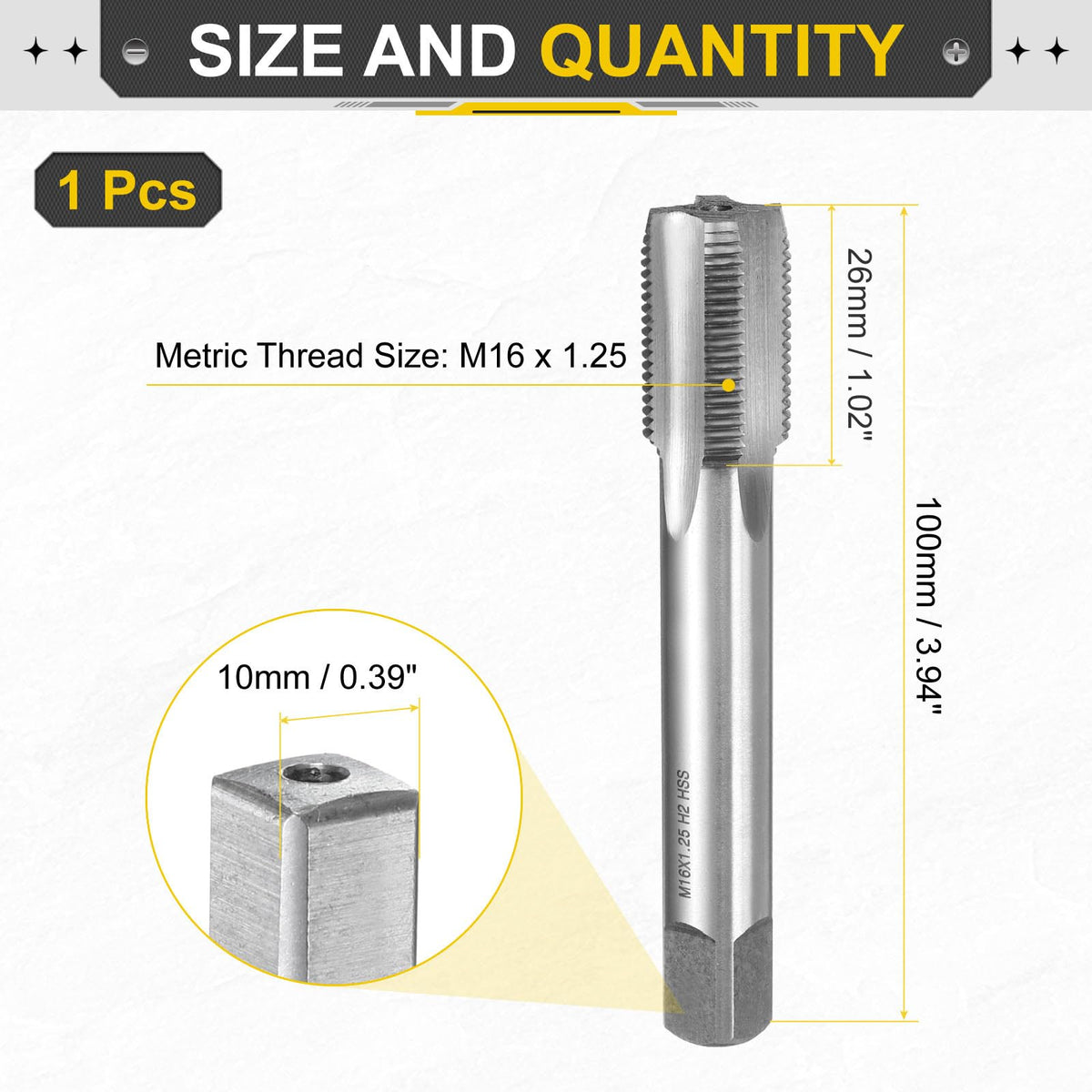 uxcell Hand Plug Tap M16 x 1.25 H2 Metric Thread Plug Style Taps Straight Flute Screw Tapping Threading Tool High Speed Steel HSS6542