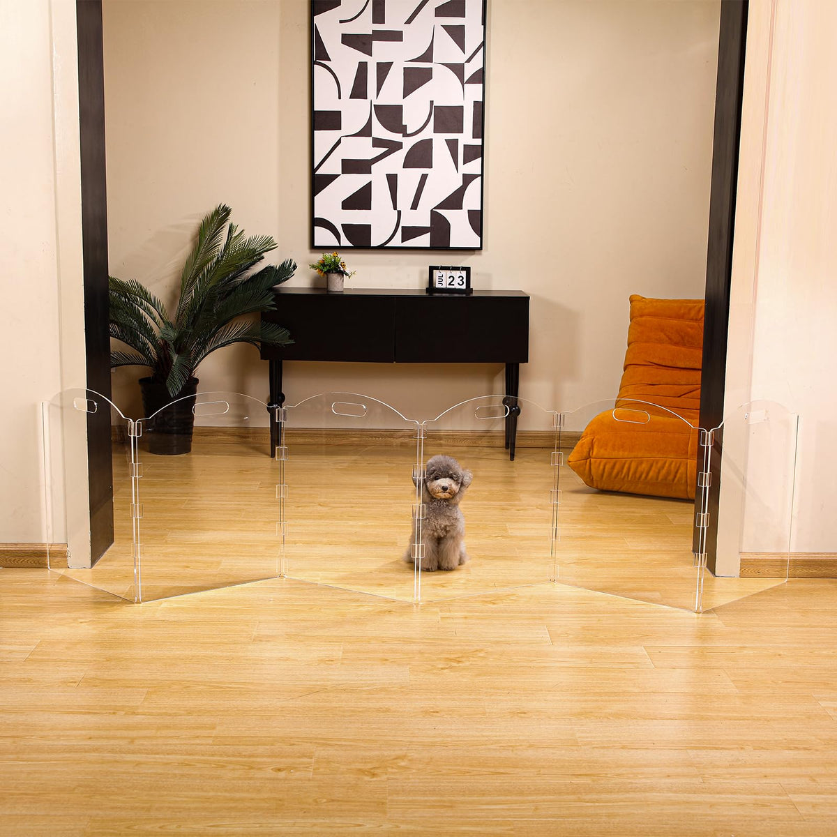 6-Panel Clear Acrylic Freestanding Indoor Pet Barrier Gate with Modern Folding Frame for Wide Doorways, Hallways & Stairs