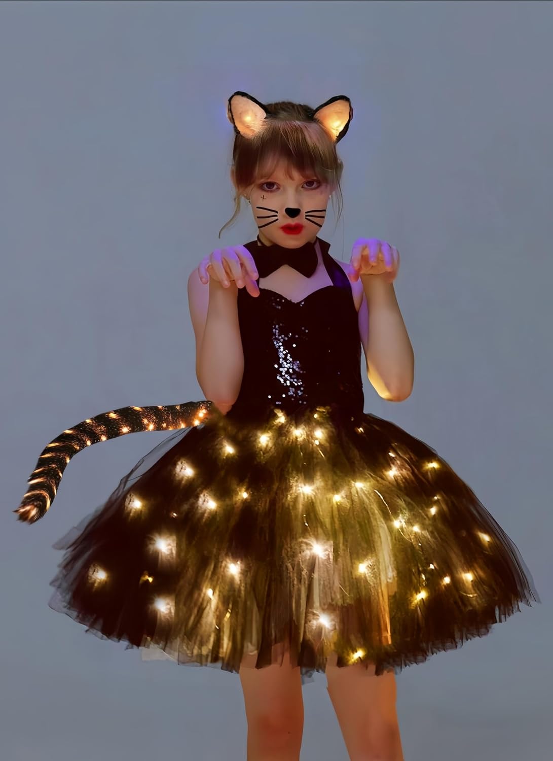 Girls Black Cat TuTu Tulle Dress Animals Cat Costumes LED Light Up Halloween Outfit Playwear With Tail Ear