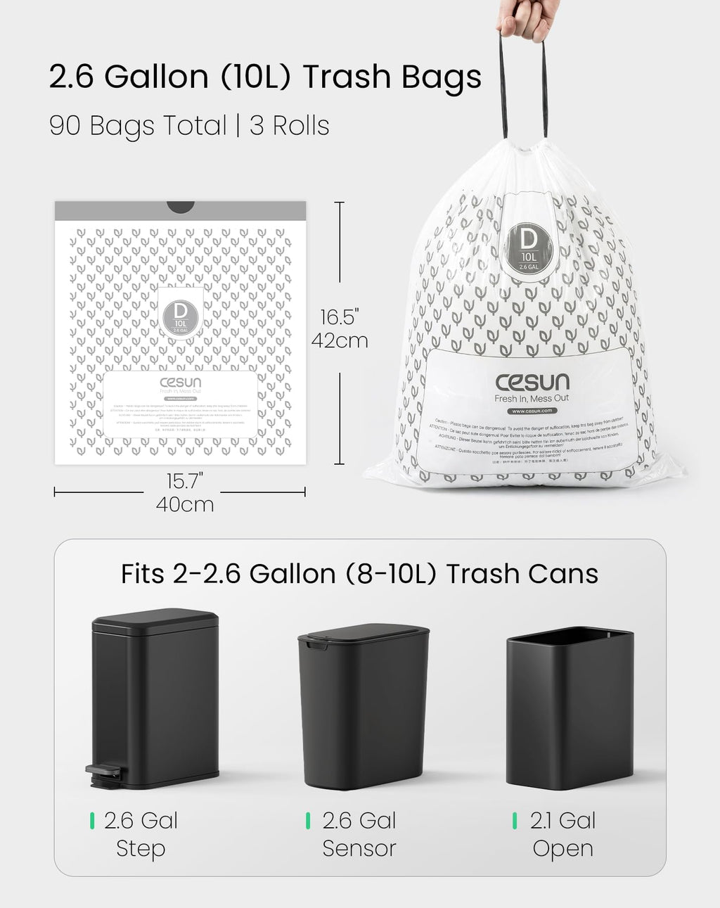 Code D Pre Cut Drawstring Trash Bags 90 Count, 2.6 Gallon / 10 Liter