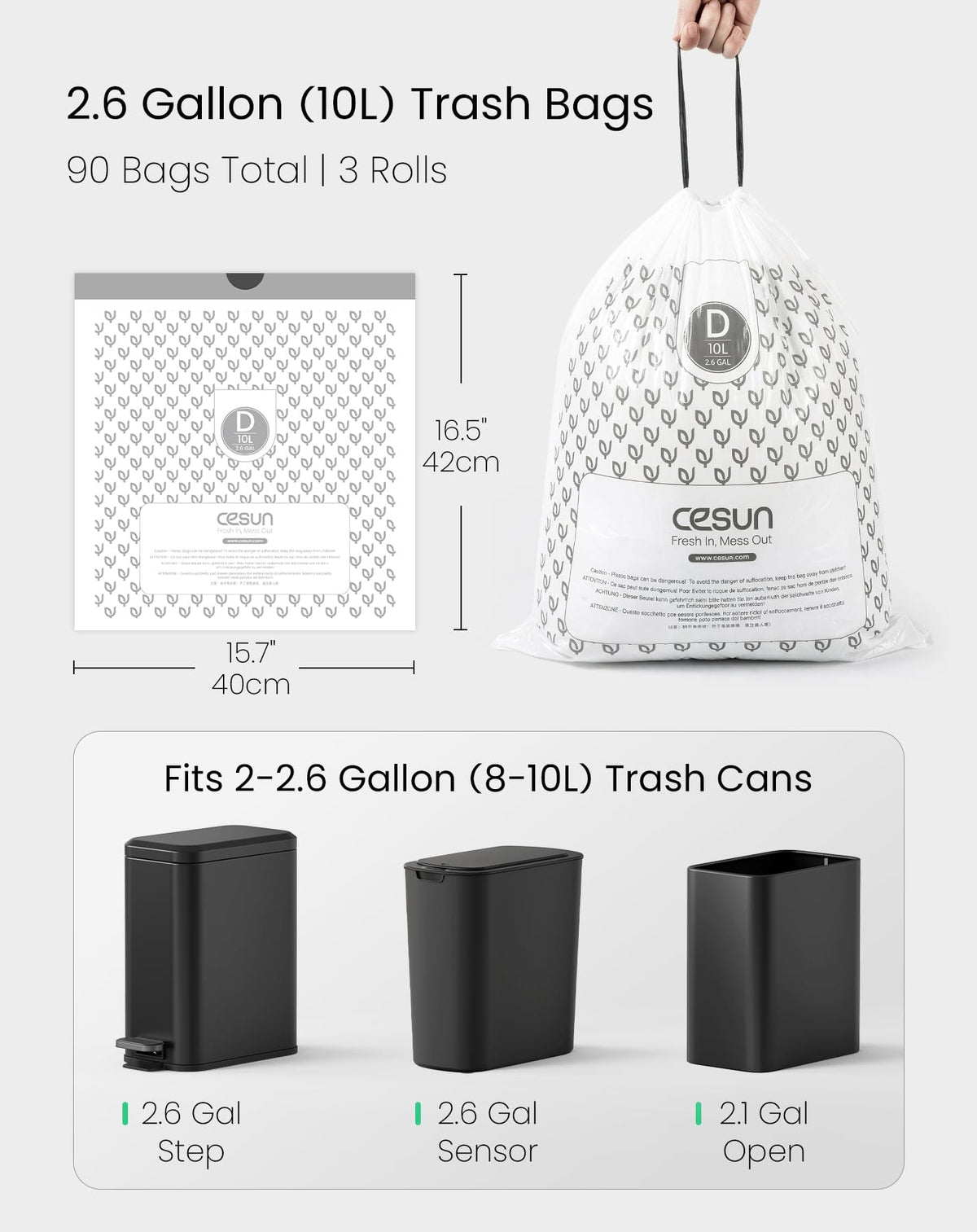 Code D Pre Cut Drawstring Trash Bags 90 Count, 2.6 Gallon / 10 Liter