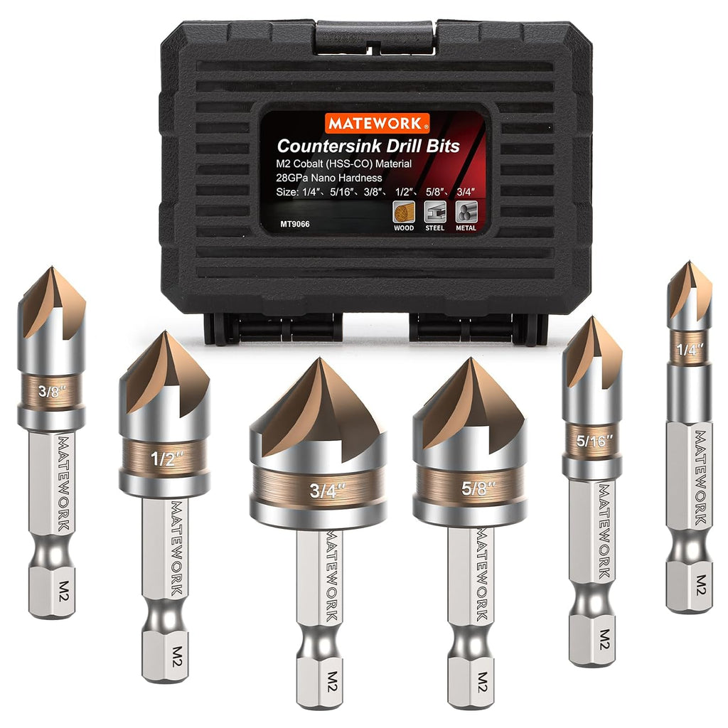 Matework 6Pcs Countersink Drill Bit Set, M2 Cobalt HSS 1/4" Hex Shank