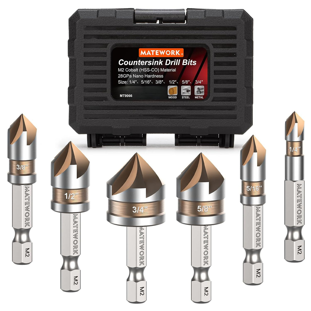 Matework 6Pcs Countersink Drill Bit Set, M2 Cobalt HSS 1/4" Hex Shank