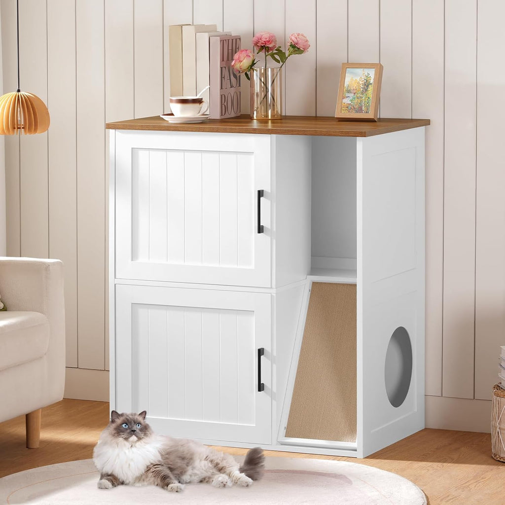 Litter Box Enclosure for 2 Cats, Hidden Litter Box Furniture with Scratch Pad, Double Litter Boxes Enclosure, Wooden