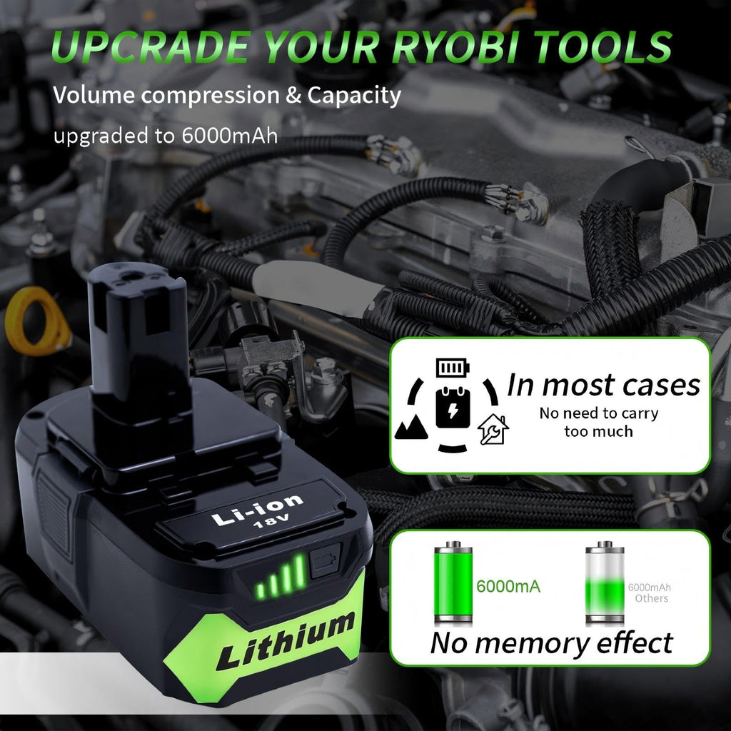 2 Packs 6.0Ah 18V Battery Replacement for Ryobi 18V Lithium-Ion Battery, Compatible with Ryobi 18 Volt Batteries