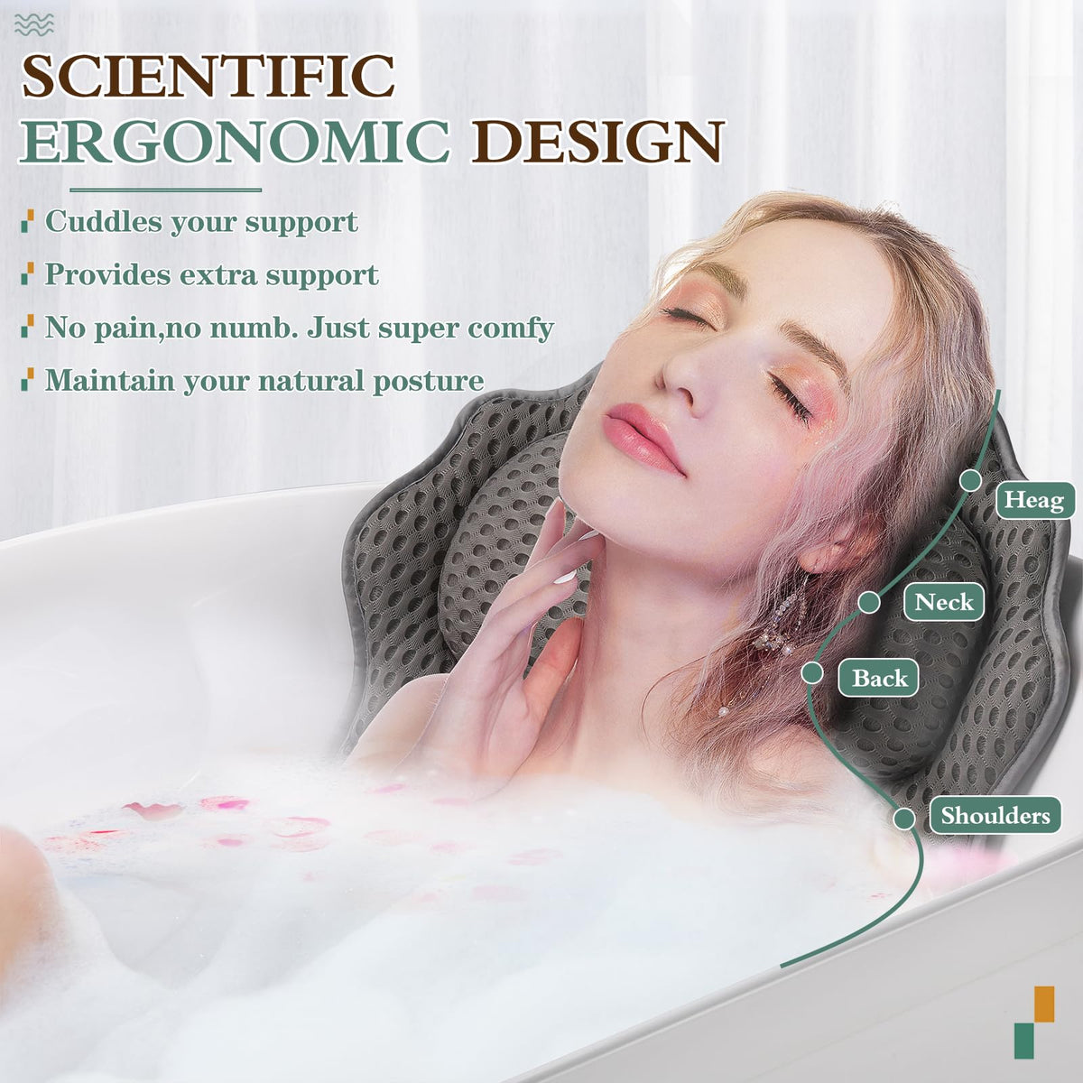 Bath Pillow RUVINCE Ergonomic Luxury Bathtub Pillow with Head,Neck, Shoulder and Back Support, 4D Bath Pillows for