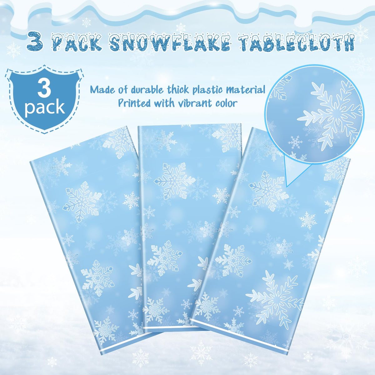3 Pack Winter Snowflake Plastic Tablecloth Decorations, Light Blue Snowflake Winter Wonderland Disposable Table Cover