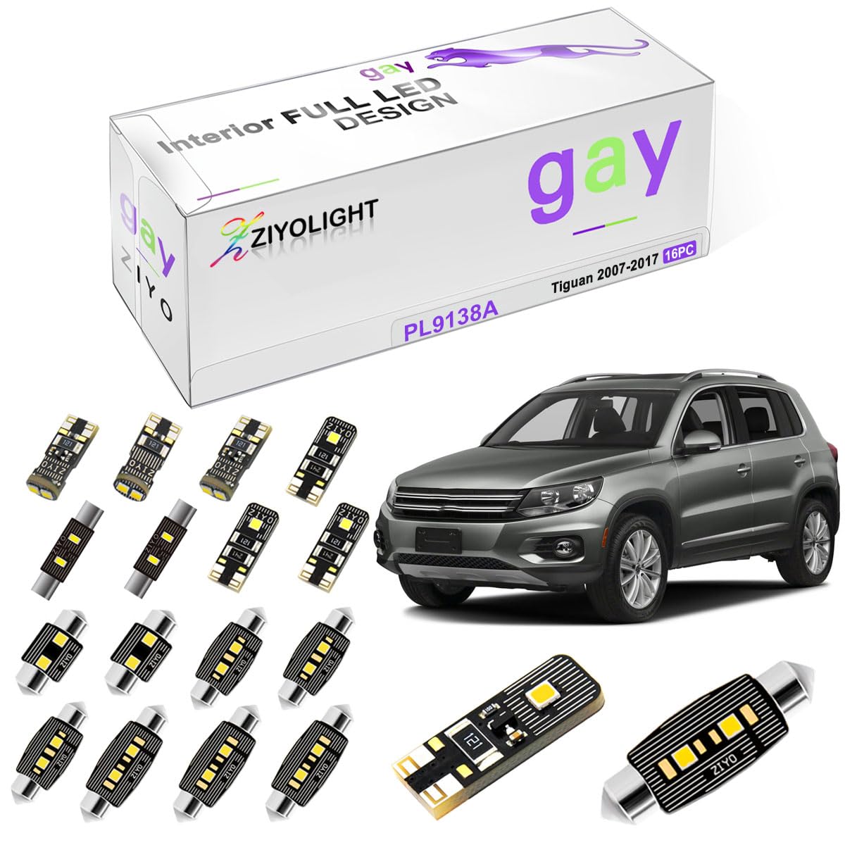 ZIYOLIGHT - PL9138A LED Interior Light kit for Volkswagen Tiguan 2007-2017, 6000K White Dome Lights Accessories Replacement Package, LED Light Bulbs Upgrade (16 Bulbs)