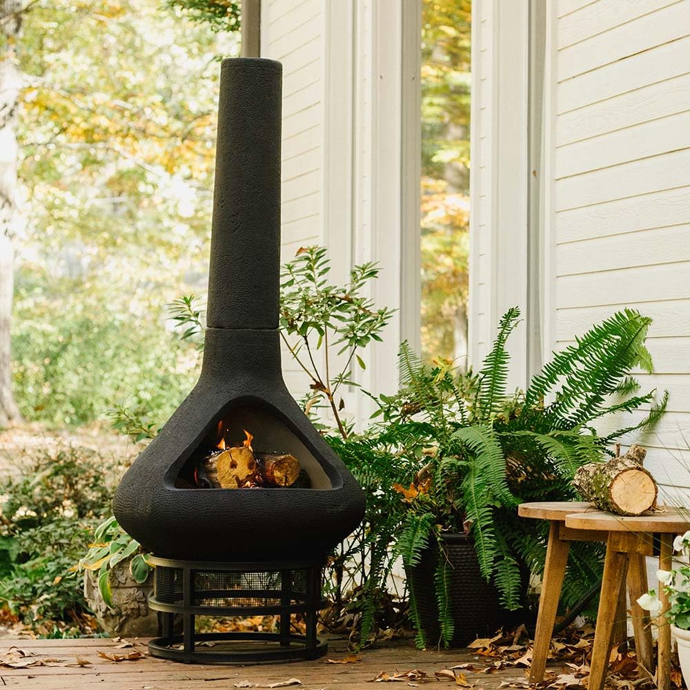 Ash & Ember Ceramic Chiminea Fire Pit with Stand, Smoke-Reducing Chimney, Semi-Enclosed Outdoor Fireplace for
