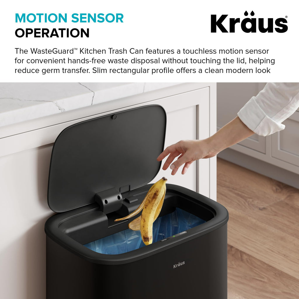 WasteGuard 14.5 Gallon / 55 Liter Motion Sensor Kitchen Trash Can in Matte Black with Bag Securing Ring and Soft