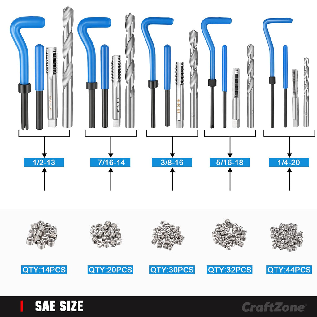 CRAFTZONE 332PC SAE Metric Thread Repair Helicoil Insert Kit