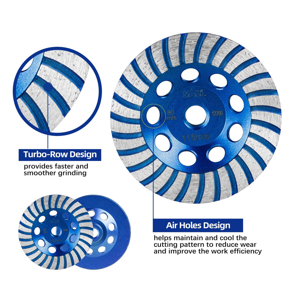 SALI 4.5 Inch 5pcs Concrete Grinding Wheels 27 Turbo Diamond Segments 5/8-11 Arbor Diamond Grinding Wheel Fit for Paint, Epoxy, Mastic Coating Removal