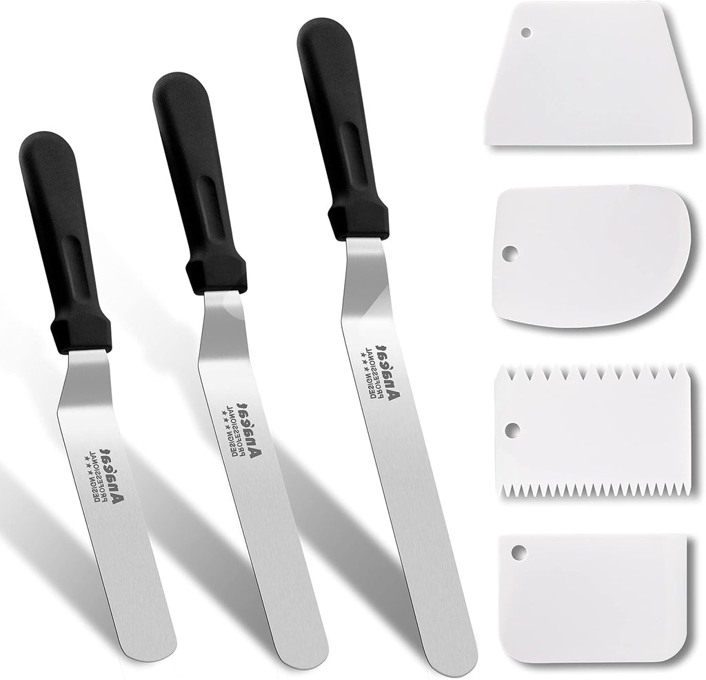 Icing Spatula, 3 Pieces Professional Angled Offset Frosting Spatulas with 6", 8", 10" Stainless Steel Blades & 4 Pack