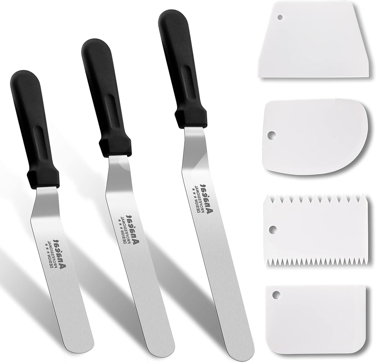 Icing Spatula, 3 Pieces Professional Angled Offset Frosting Spatulas with 6", 8", 10" Stainless Steel Blades & 4 Pack