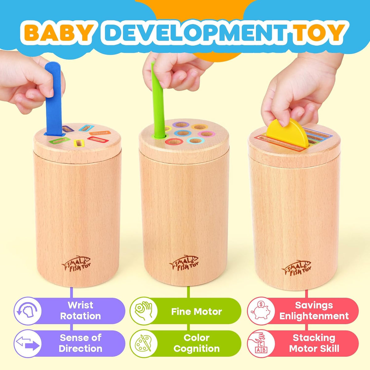 Wooden Montessori Baby Toddler Toys 3in 1 Learning Fine Motor Preschool Toy | Educational Color Sorting and Cause and