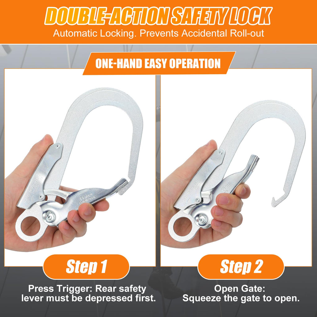 2Pcs High Strength Alloy Steel Large Drop Forged Double Lock Rebar Snap Hook Safety Fall Protection Lanyard Hook