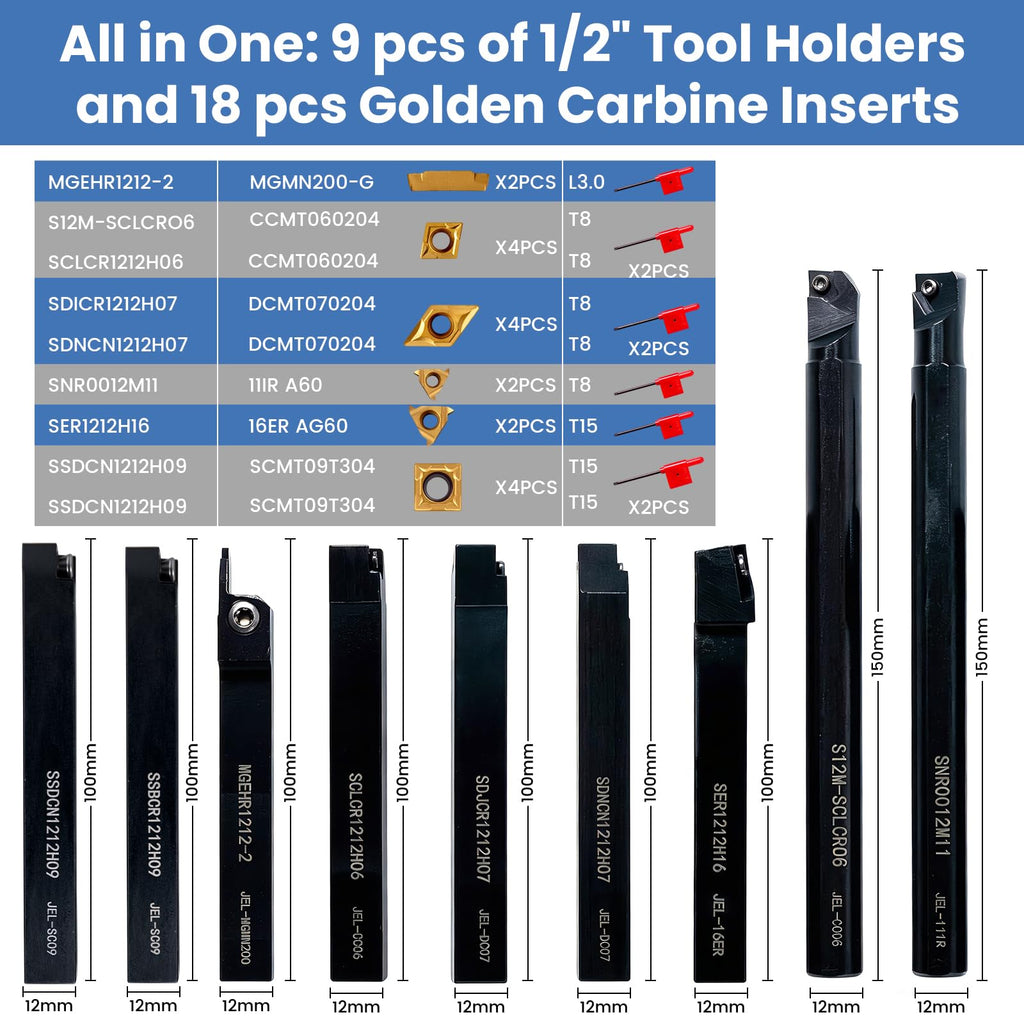 UpJiaflarish Carbide Lathe Tools，Lathe Turning Tool Set with 9 Pcs 1/2 Inch Holder & 18 Pcs Carbide Inserts for Metal Processing