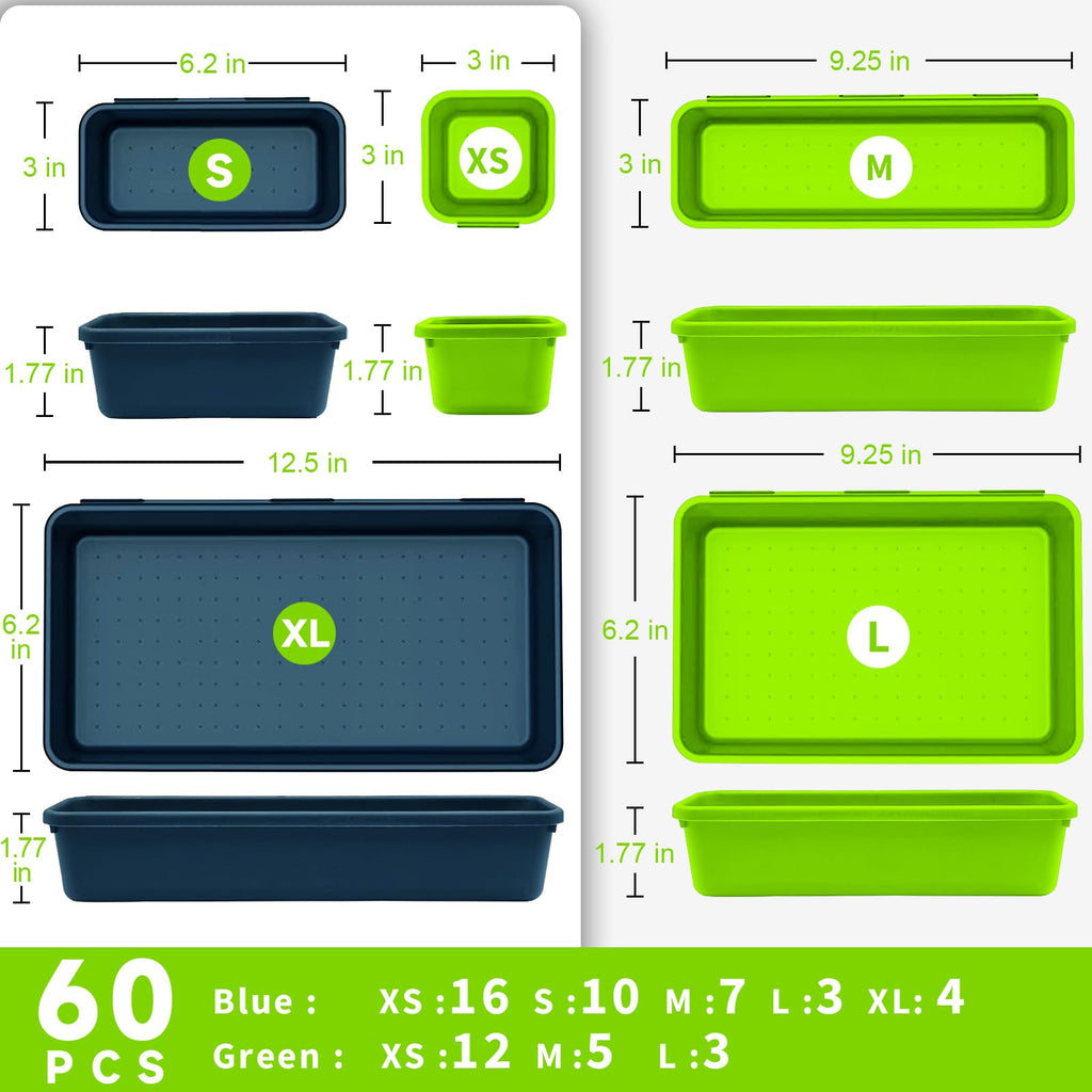 Tool Box Organizer Tray, 60 PCS & 5 Sizes, Blue and Green