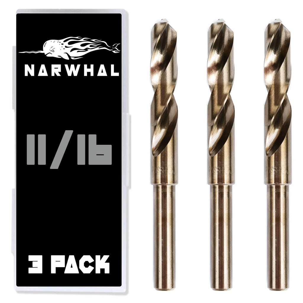 Narwhal 11/16 Drill Bit (3 Pack - 1/2 Inch Shank) Cobalt for Metal & Steel