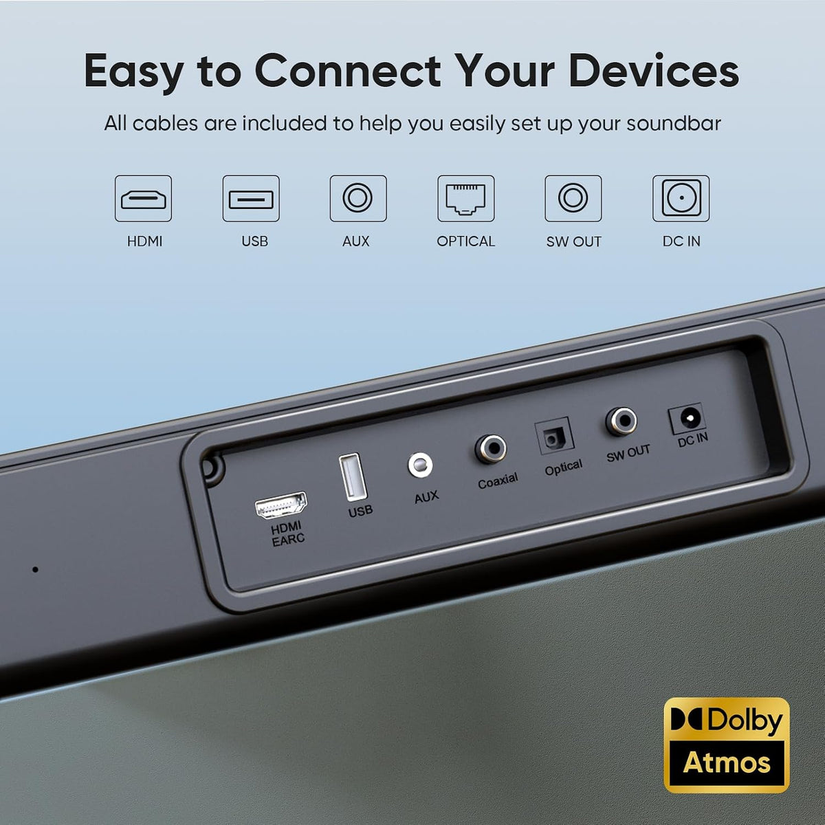 Sound bar with subwoofer, 200W 2.1 ch soundbar w/Dolby Atmos Surround Sound System, 3D Bass Adjustable Home Theater