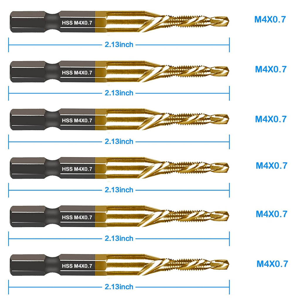 DKIBBITH 6-pc Metric M4 Combination Drill Tap Bit Set, M4*0.7 Thread Size, Titanium Coated High-Speed Steel, Ideal for Drilling and Threading in Soft Metal Wood and Plastic,1/4" Hex Shank