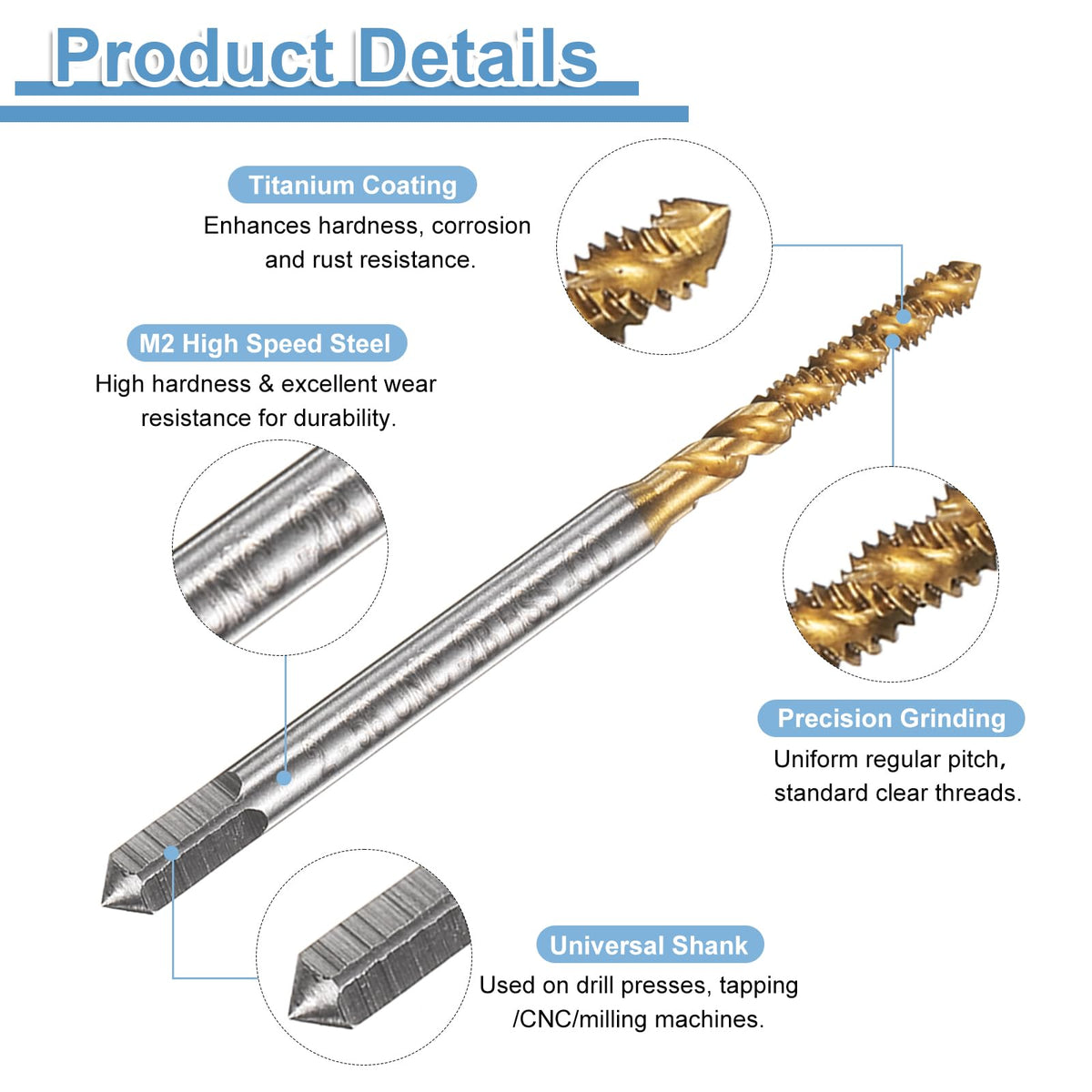 uxcell 2pcs Spiral Flute Thread Taps 2-56 UNC 2B Machine Threading Tap Bit, Titanium Coated Screw Tapping Repair Tool, M2 High-Speed Steel (HSS)