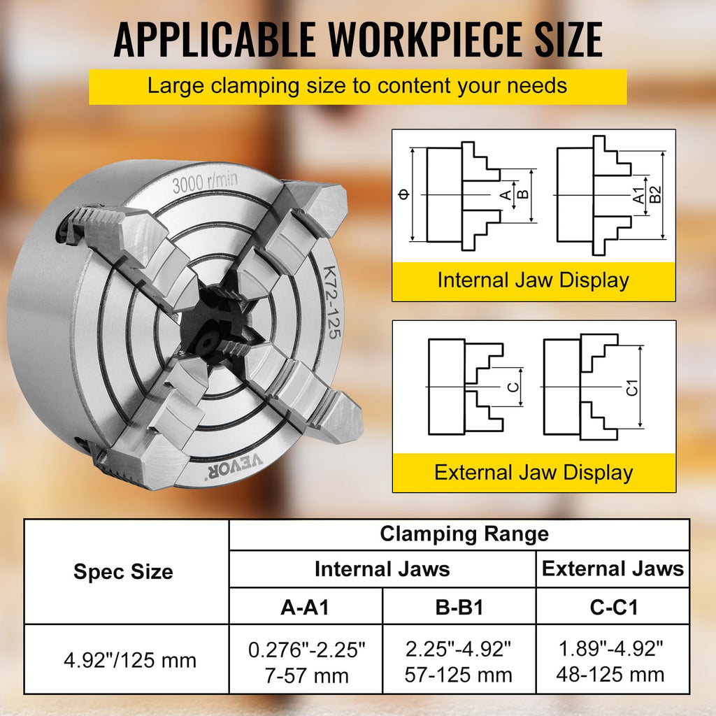 Vevor K72-125 Lathe Chuck 5 Inch 4-Jaw,Lathe Chuck Independent Reversible Jaw,Metal Lathe Chuck Turning Machine Accessories,for Lathes Machine - Amazon.com