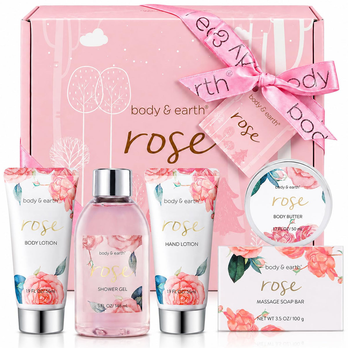 Spa Gift Set for Women - Luxurious 5 Pcs Bath and Body Box, Rose Scent, Includes Body Wash, Body Butter, Body Lotion