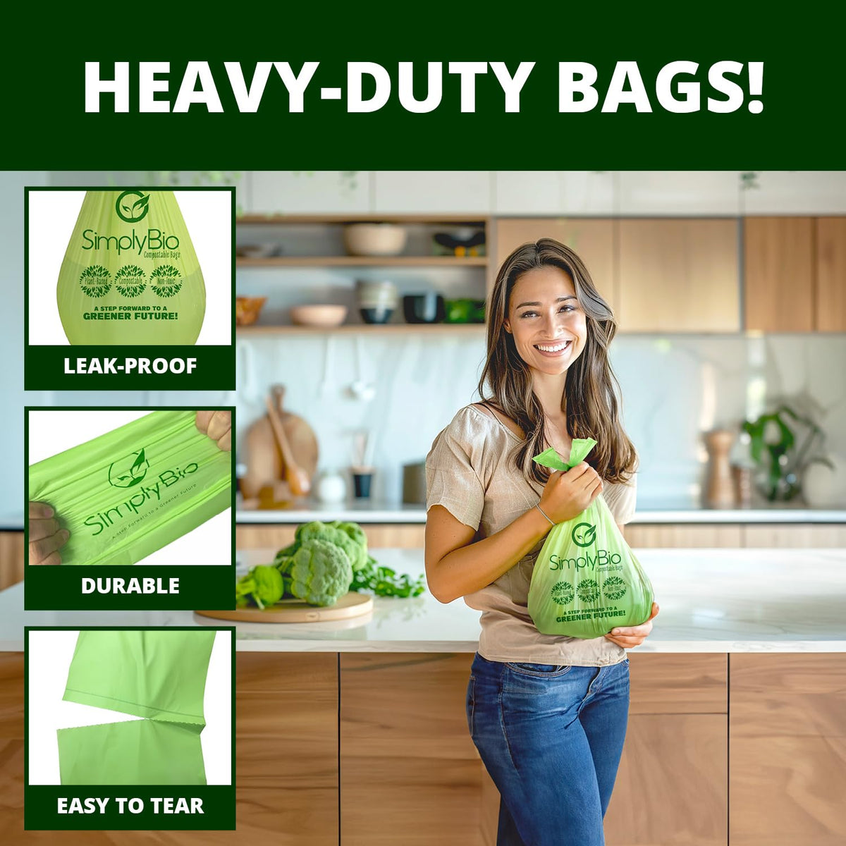 3 Gallon Compostable Trash Bags Liners with Handle-Tie, Thick 0.67 Mil, 11.36 Liter, 80 Bags, Small Kitchen Food