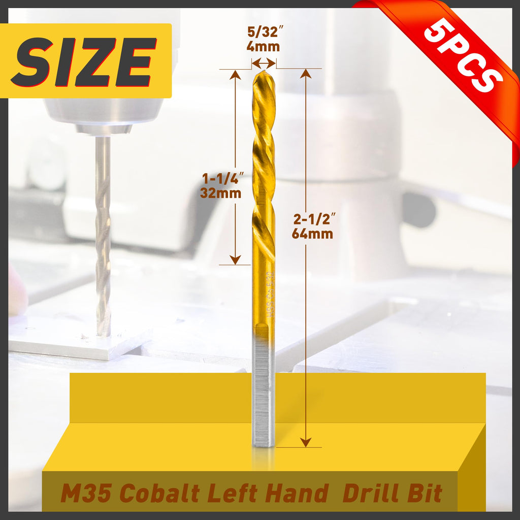 5PCS 5/32" M35 Cobalt Left Hand Drill Bits Set