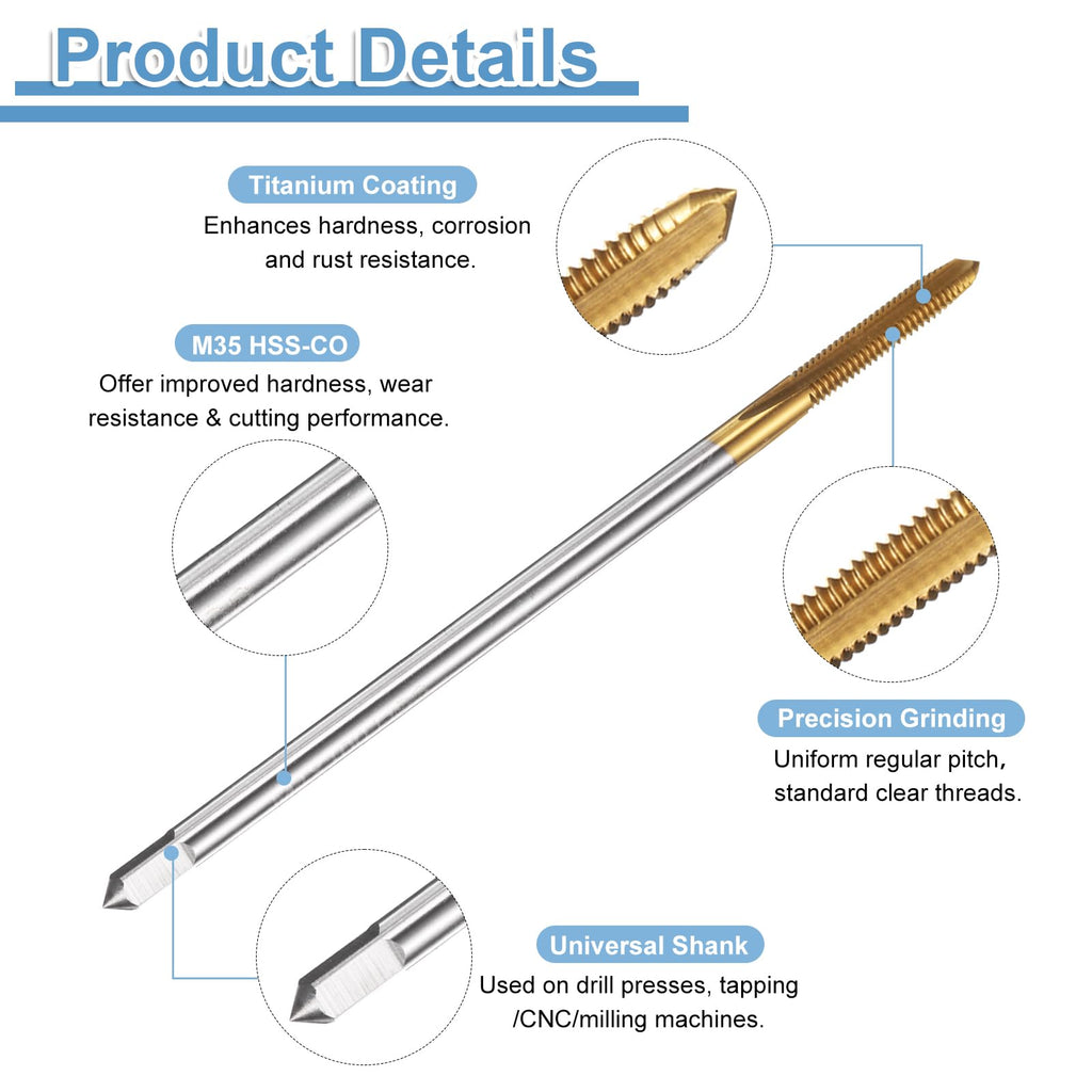 uxcell 2pcs Straight Flute Thread Taps Metric M4 x 0.7 H2 100mm Extra Long Machine Threading Tap Bit Screw Tapping Repair Tool, Titanium Coated M35 Cobalt High-Speed Steel