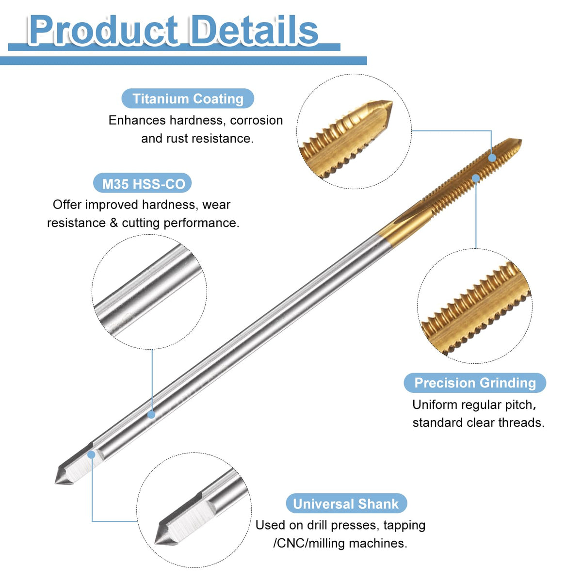 uxcell 2pcs Straight Flute Thread Taps Metric M4 x 0.7 H2 100mm Extra Long Machine Threading Tap Bit Screw Tapping Repair Tool, Titanium Coated M35 Cobalt High-Speed Steel